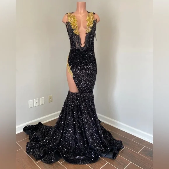 slim fit dress slacks Gold Beaded Halter Mermaid High Split Floor Length Prom Dresses